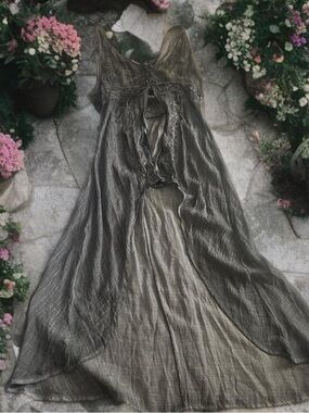 gimmicks by BKE Grey Asymmetrical Maxi Dress with Lace Trim